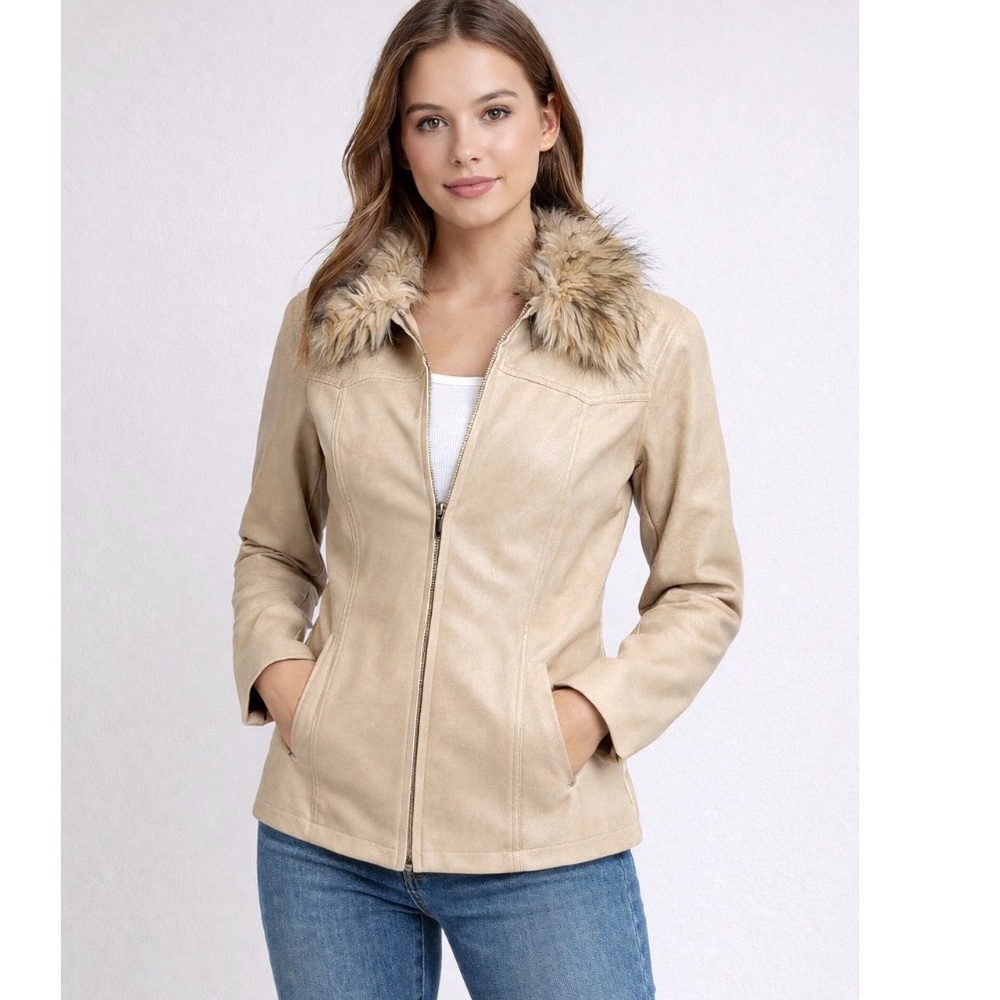 Charlotte Russe Faux Fur Vegan Leather Jacket M 90s Y2K Neutral‎ Phoebe Gilmore